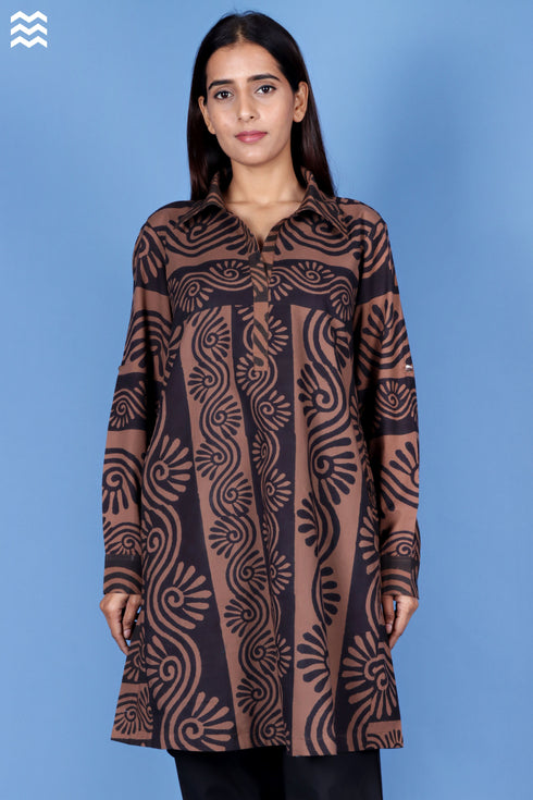 Cambric Cotton Long Boyfriend Shirt In Block Print